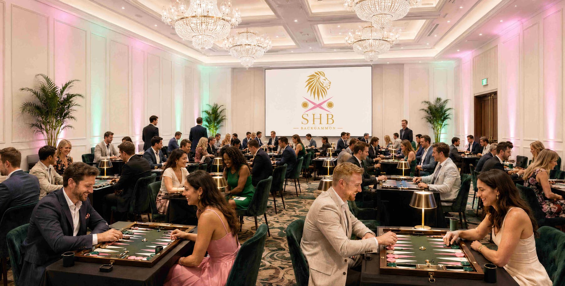 Players at green-felt backgammon boards beneath chandeliers in the SHB tournament hall